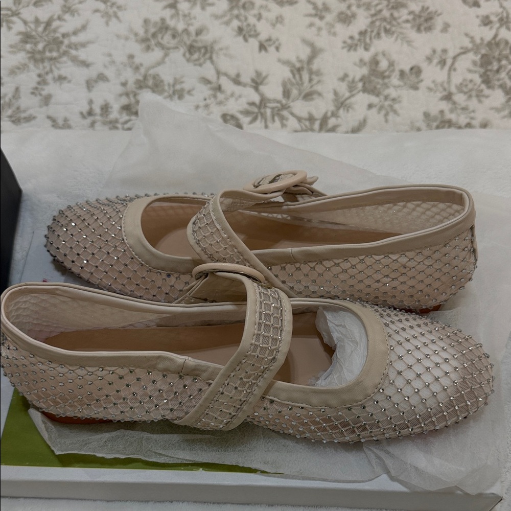 FSJ Cream Mesh Flats with Rhinestone Detailing